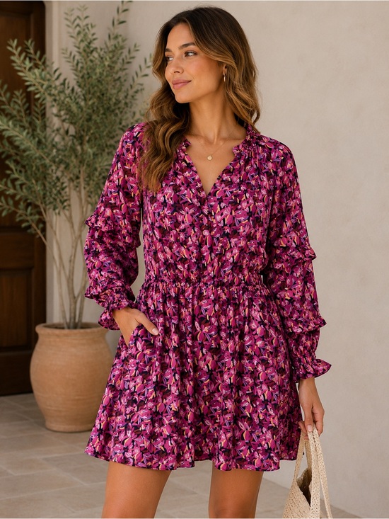 entro Dresses & Skirts - Entro Floral Tiered Dress Ruffle Pink Purple Long Sleeve Boho Boutique Large